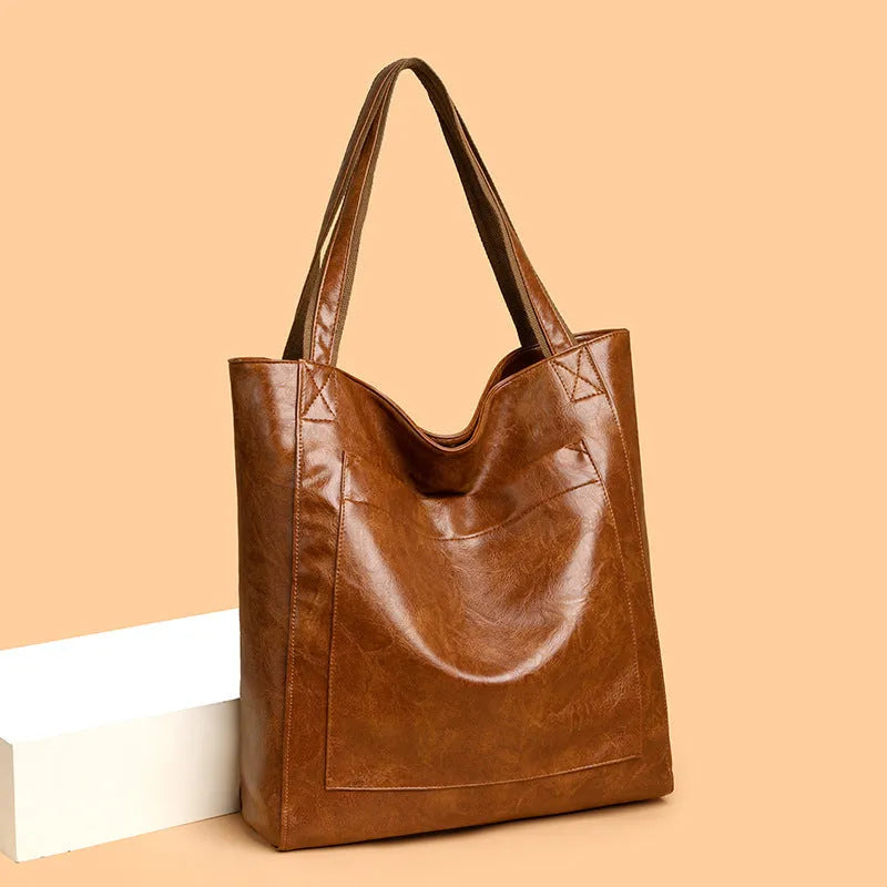 Retro oil wax PU women's shoulder bag in brown, horizontal square shape with sandwich pocket and sewing thread detailing