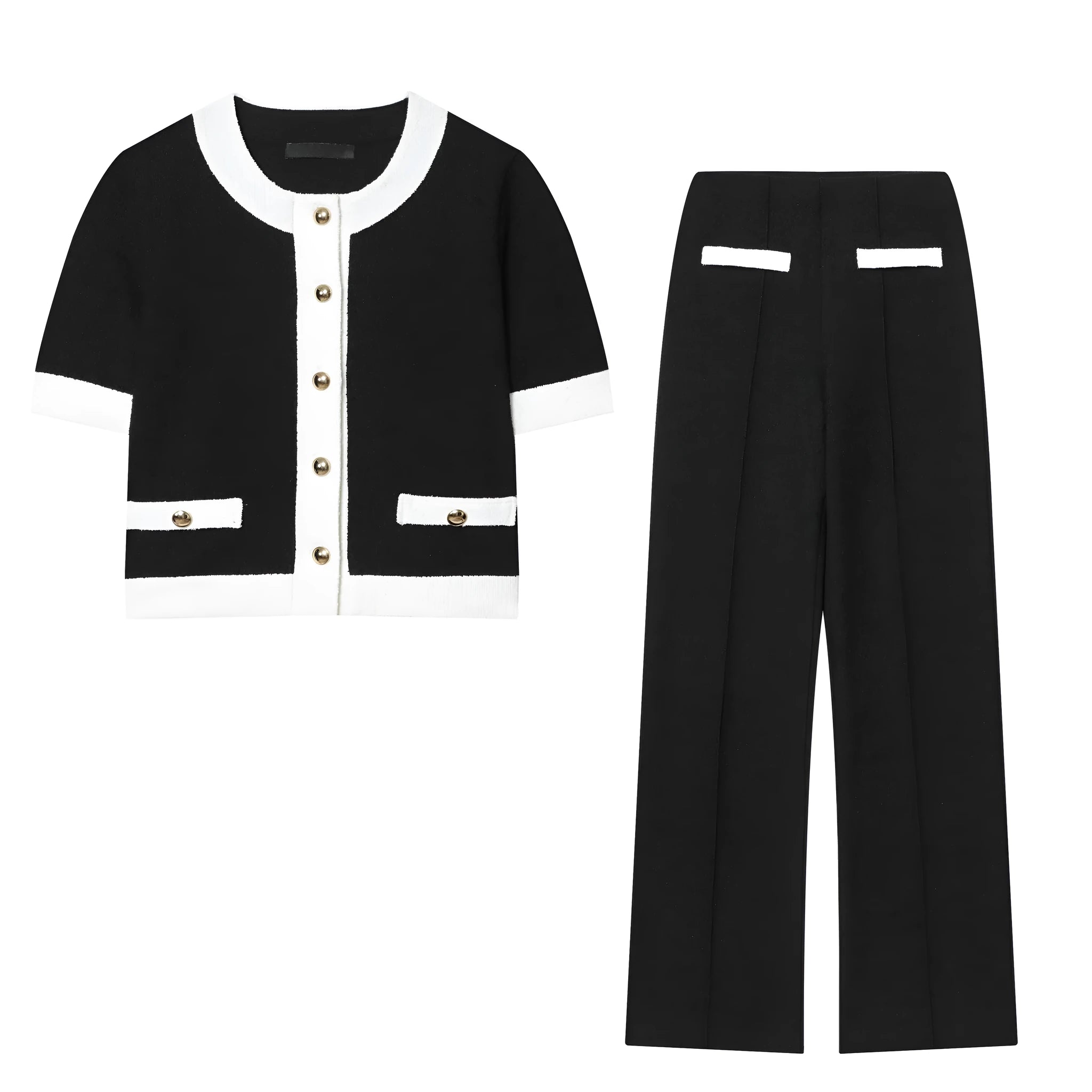 Women's beaded leather detail top and high-waisted stretch trousers suit set in street fashion style.