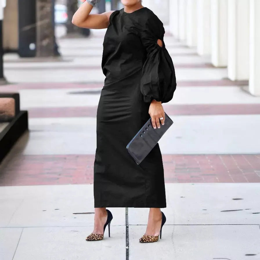 Women's solid colour single-sleeve long dress with elastic waist and side slit in army green