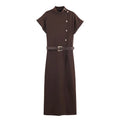 Belted hooded knitted dress in coffee stripe plaid with long sleeves and irregular pleated short skirt