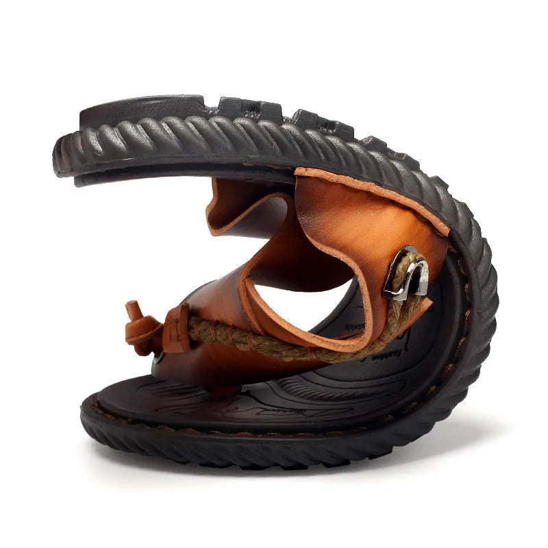 Plus size men's herringbone pattern outdoor slippers in dark blue with leather lining