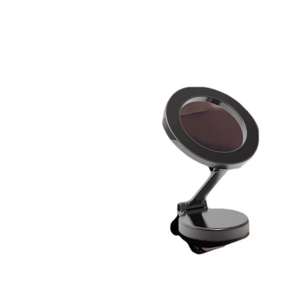 All-metal foldable magnetic car phone mount shown on a dashboard, holding a mobile phone.