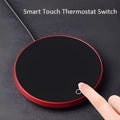 Black USB heating coaster with touch control for warming coffee mugs and cups