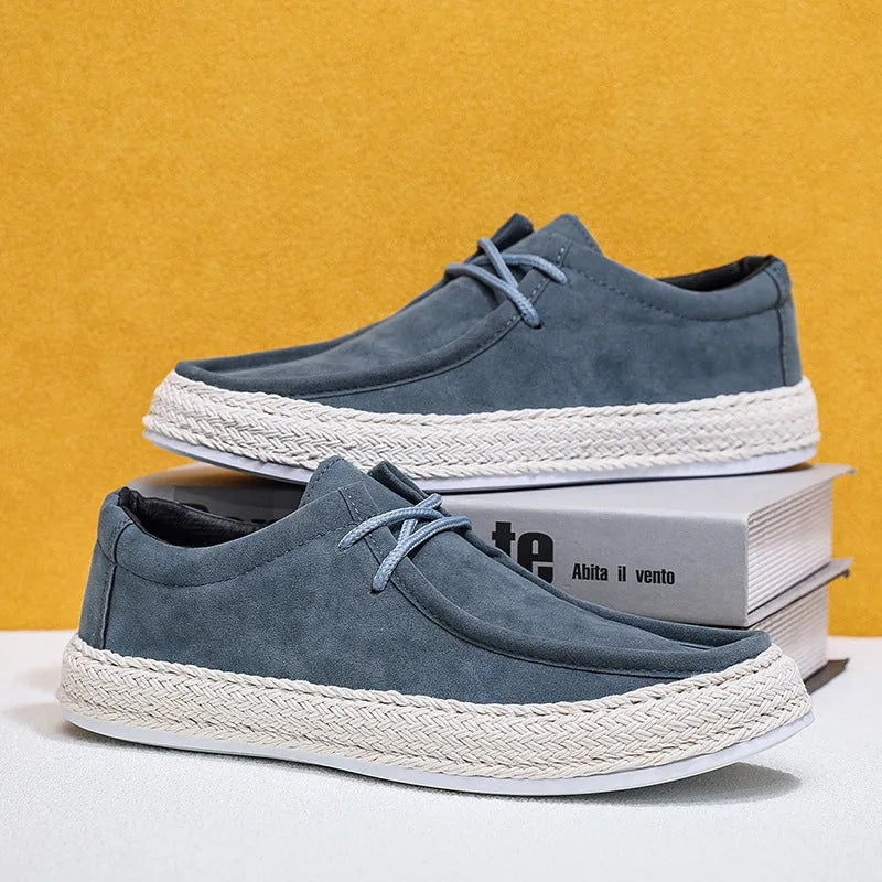 Men's handmade cloth low-top casual pumps in solid colour with round toe and flat heel