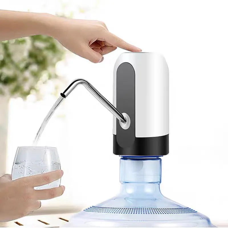 Automatic electric water bottle pump with blue light, USB cord, and black finish on a 5L bottle