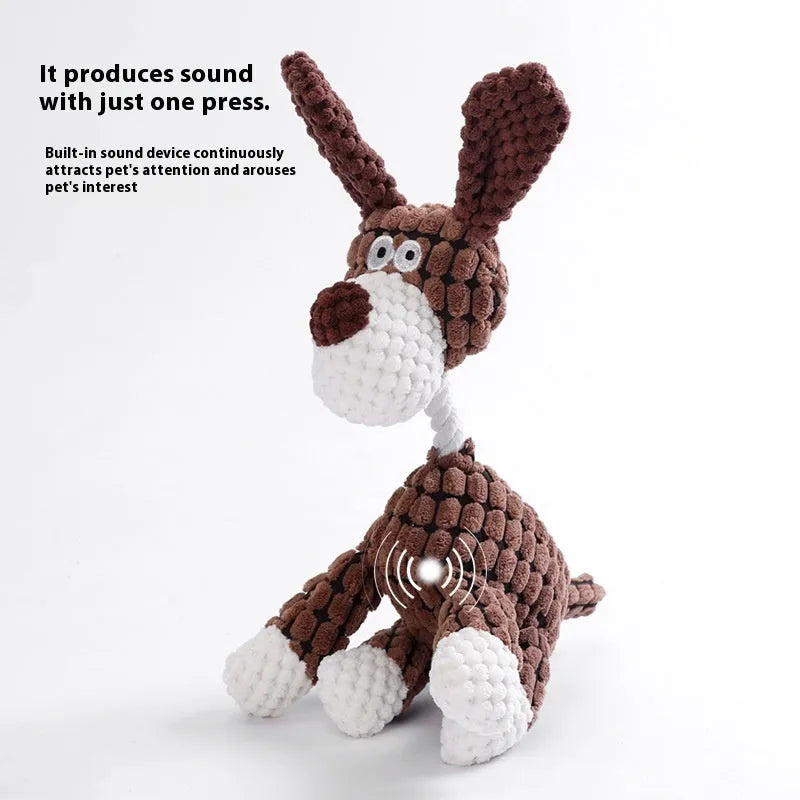 Assortment of bite-resistant plush pet toys including a donkey, a rechargeable duck, and animal companions.