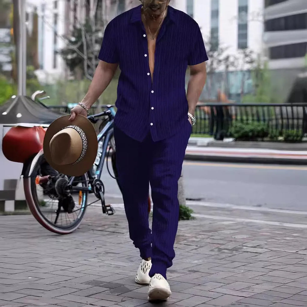 Men's casual loose fit short sleeve shirt and trousers beach suit set in cotton blend, multiple colours