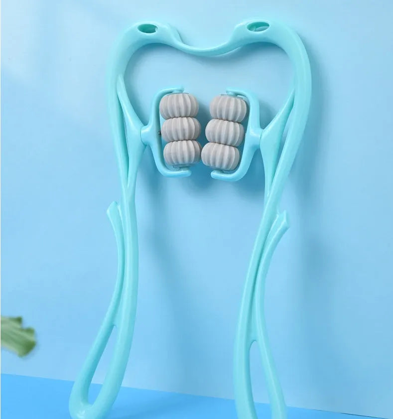 Blue swan-shaped manual neck massager with six wheels and a natural crystal jade scraping board on a white background.