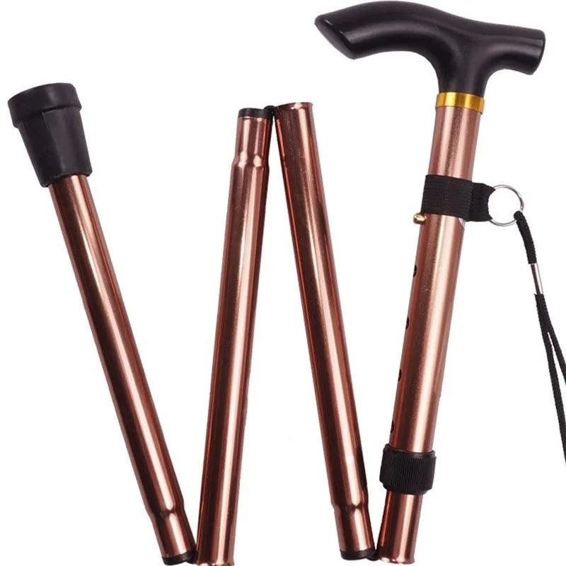 Aluminium alloy folding walking cane extended and folded, showing adjustable length and non-slip handle.