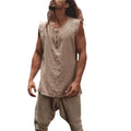 Men's solid colour linen loose fit casual vest with round hem, shown in neutral colour
