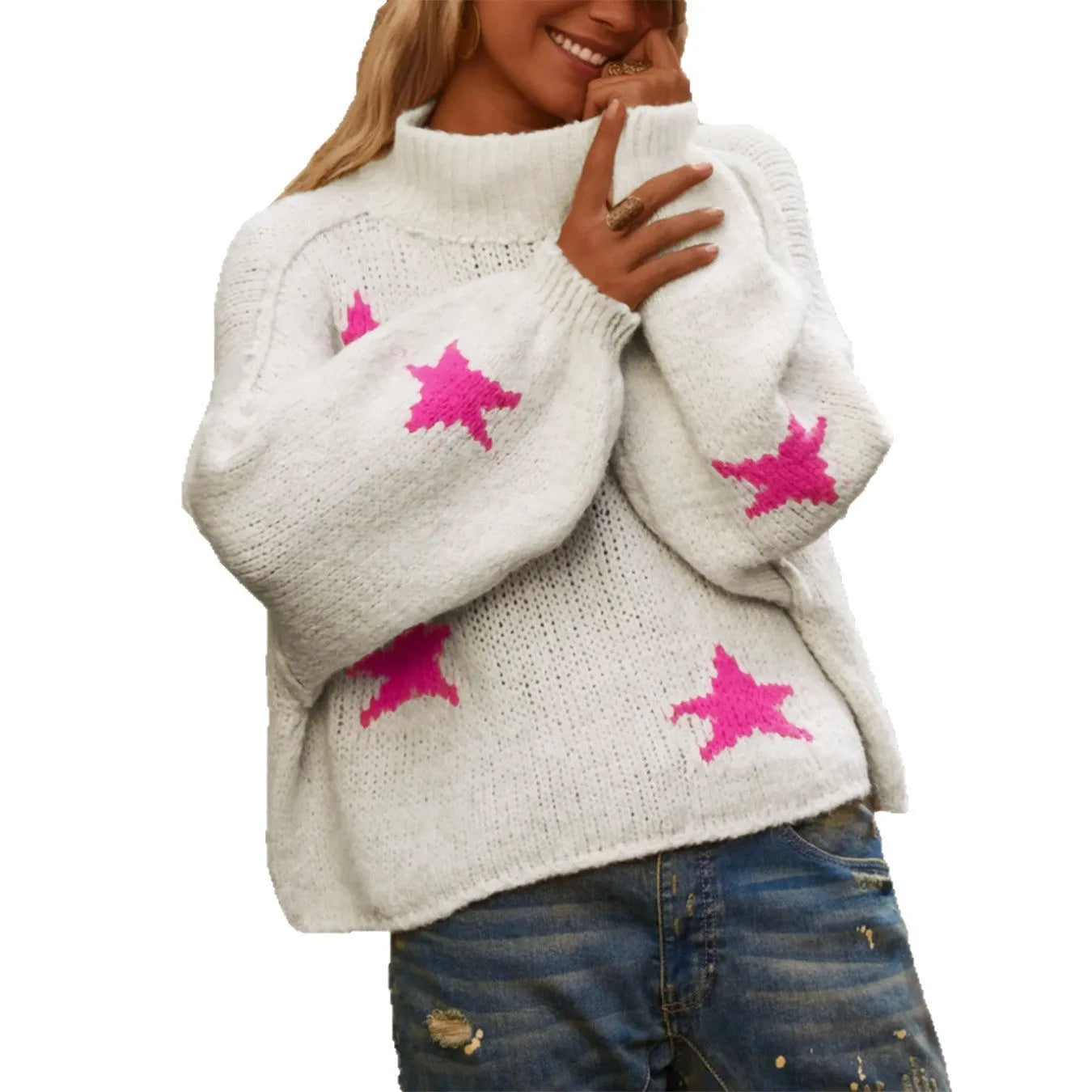 White women's loose turtleneck pullover with a thick imitation velvet texture and a five-pointed star pattern on the front.