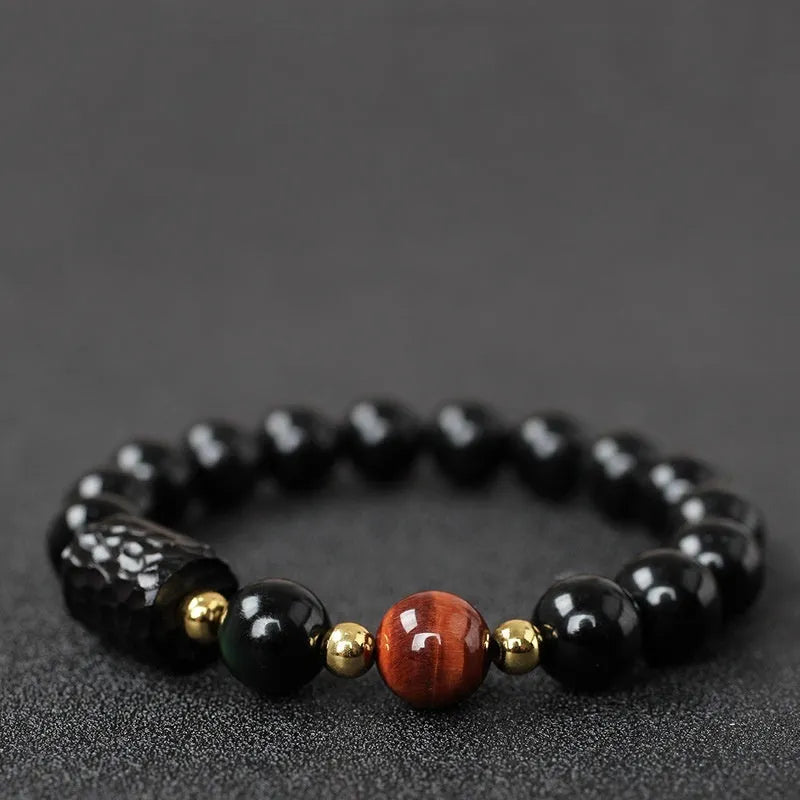 Obsidian bracelet with 10mm yellow tiger eye beads for men and women