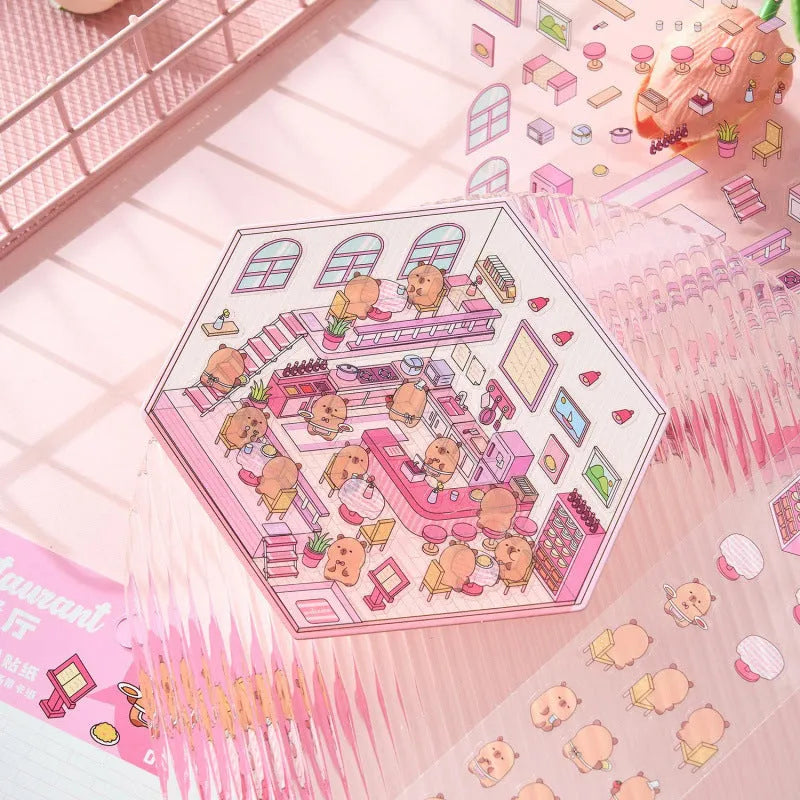 Sheet of pre-cut three-dimensional cartoon landscaping stickers for hand accounting, showing bakery, flower shop, and bookstore designs.