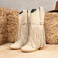 Western cowboy boots for women in beige with belt buckle rivet tassel details and mid heel