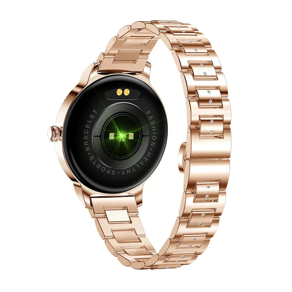 AK38 ladies smart watch with stainless steel Milanese strap and 1.09-inch colour screen.
