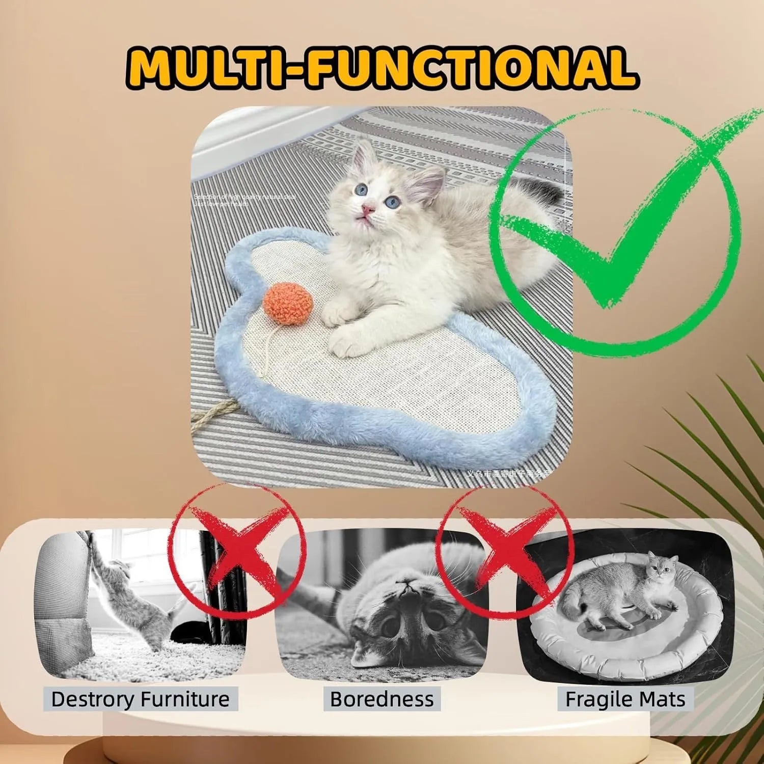 Cartoon sleeping cat design sisal scratching mat mounted on wall for indoor cats