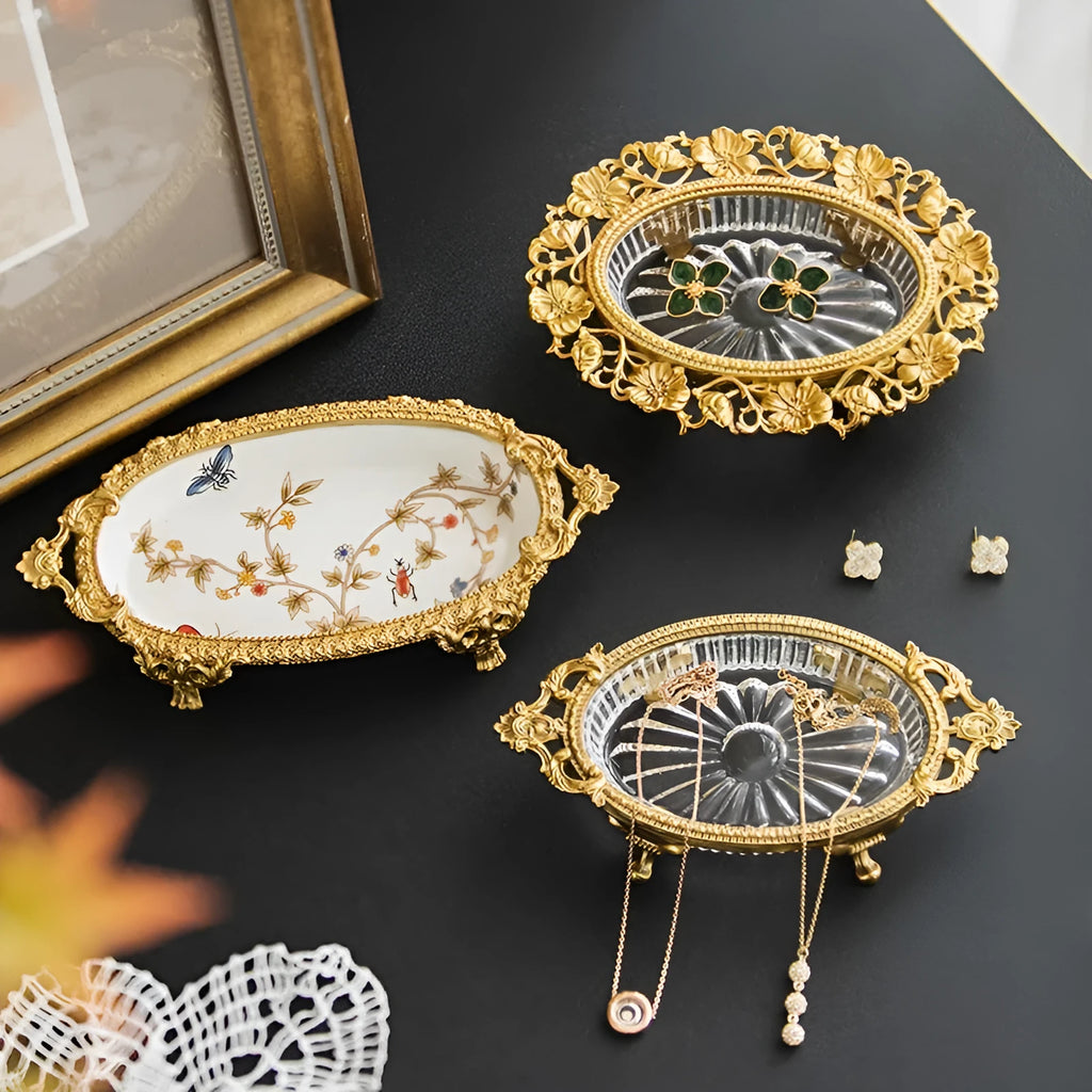 French Versailles carved aluminium jewellery storage dish with 0.5 capacity, modern simple style, showing decorative tray surface