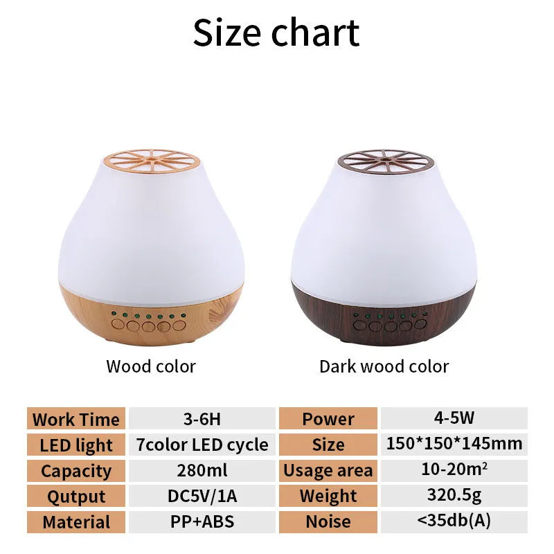 Wood grain finish USB essential oil aroma diffuser with optional Bluetooth control on a table