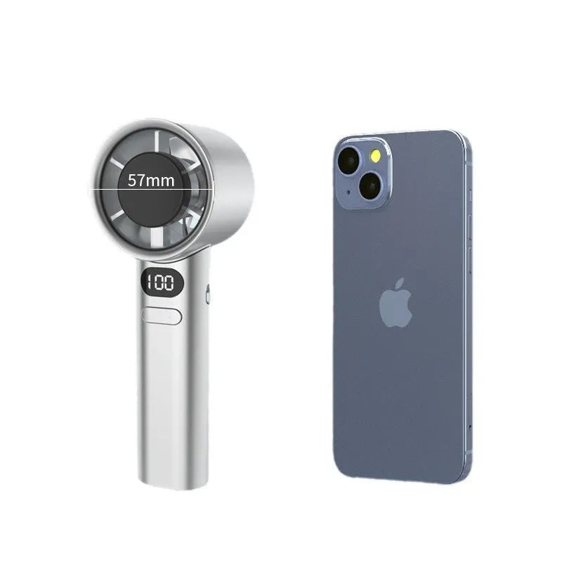 A handheld fan showing variable speed settings, USB port, and available in green, khaki, silver, or white.