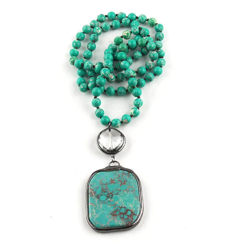 Women's natural stone necklace with geometric ellipse pendant, knot chain, and 81cm and above circumference