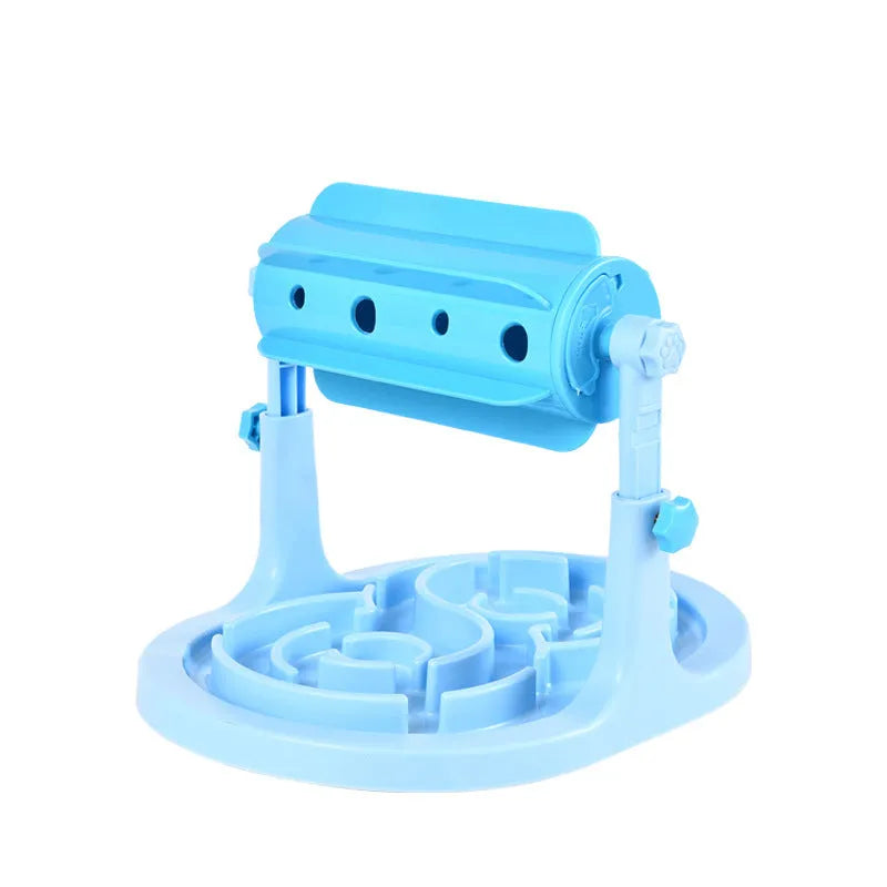 Blue interactive puzzle feeder bowl for dogs and cats with adjustable height and raised patterns.