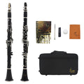 Black bakelite clarinet with 17 nickel-plated keys and carrying bag for beginner musicians