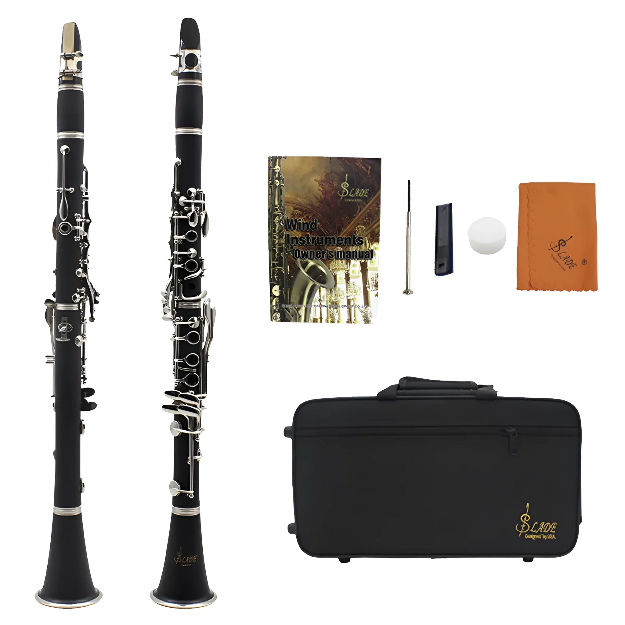 Black bakelite clarinet with 17 nickel-plated keys and carrying bag for beginner musicians