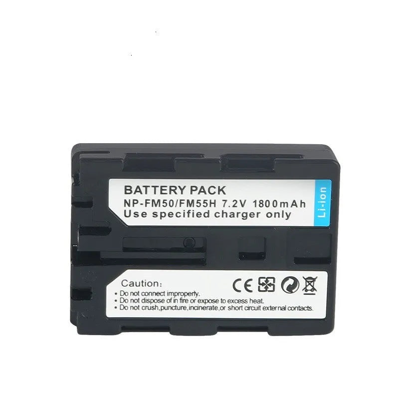Black FM50 FM30 FM55H camera battery, 7.2V DC/DV replacement power pack with 8.4V charger input.