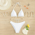 Women's solid colour halter lace-up bikini swimsuit in white or black