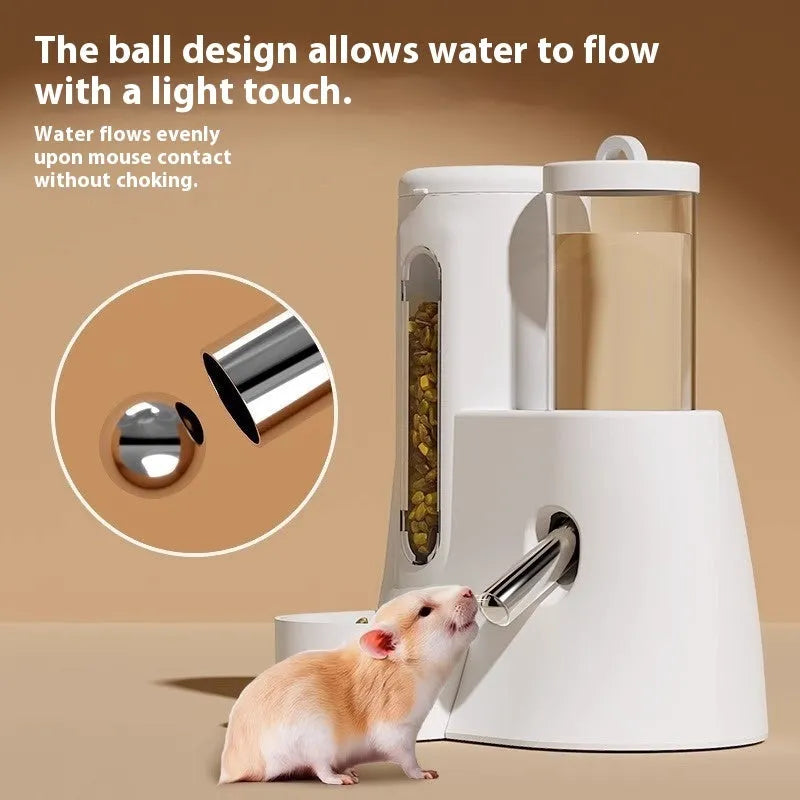 White, blue, and pink hamster automatic water feeder and food basin for Djungarian hamsters.