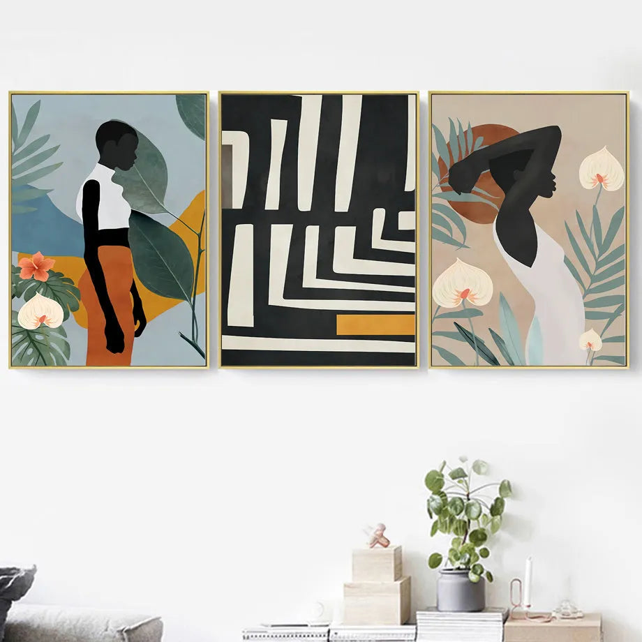 Abstract African women flower leaf canvas painting unframed rectangular wall art print