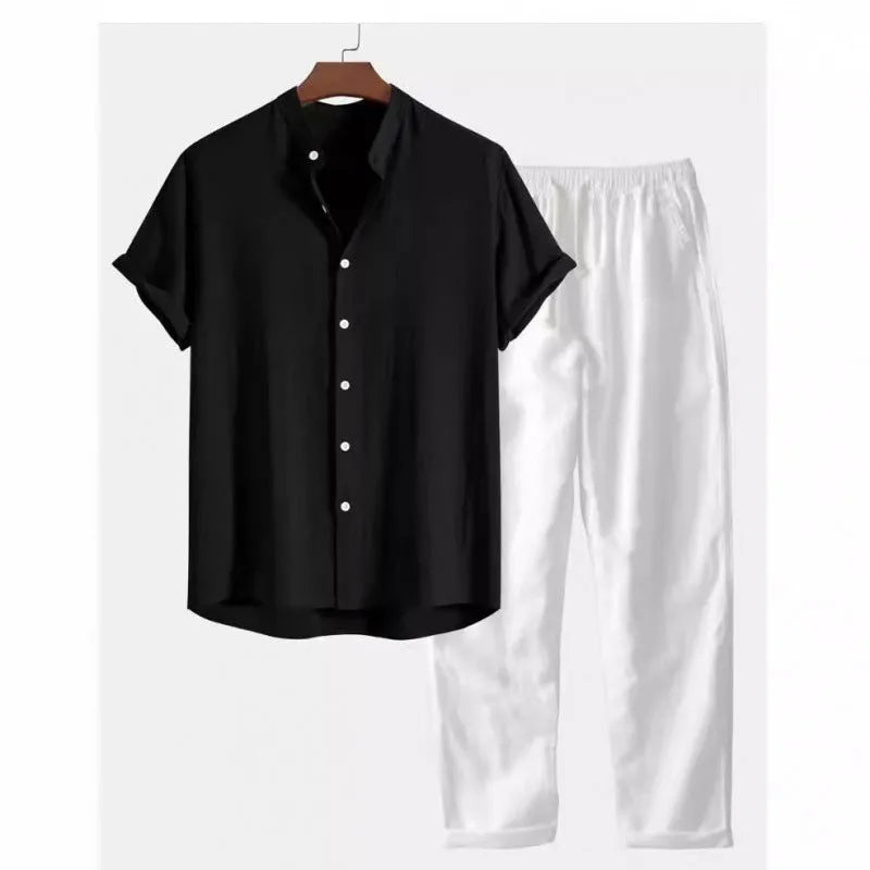 Men's casual linen-look shirt and trousers set in solid colour with short sleeves