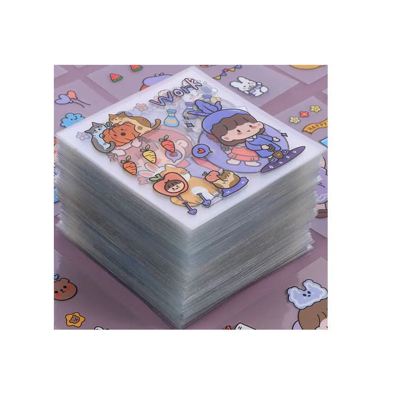 Sheet of 100 non-duplicate PET cartoon journal stickers in 6x6cm size on white background