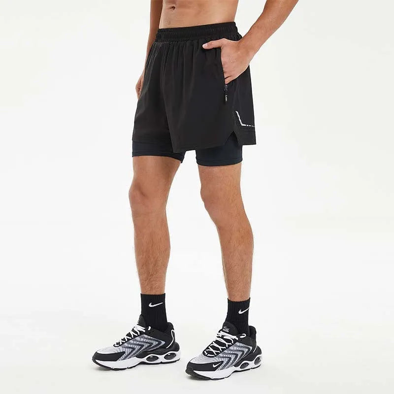 Men's double-layer sports shorts in black colour with mid-waist design for running activities