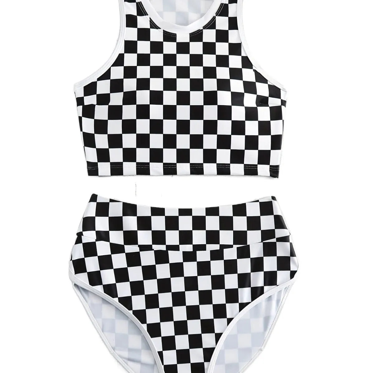 Women's backless one-piece swimsuit with black and white chessboard pattern and sporty suspender straps.