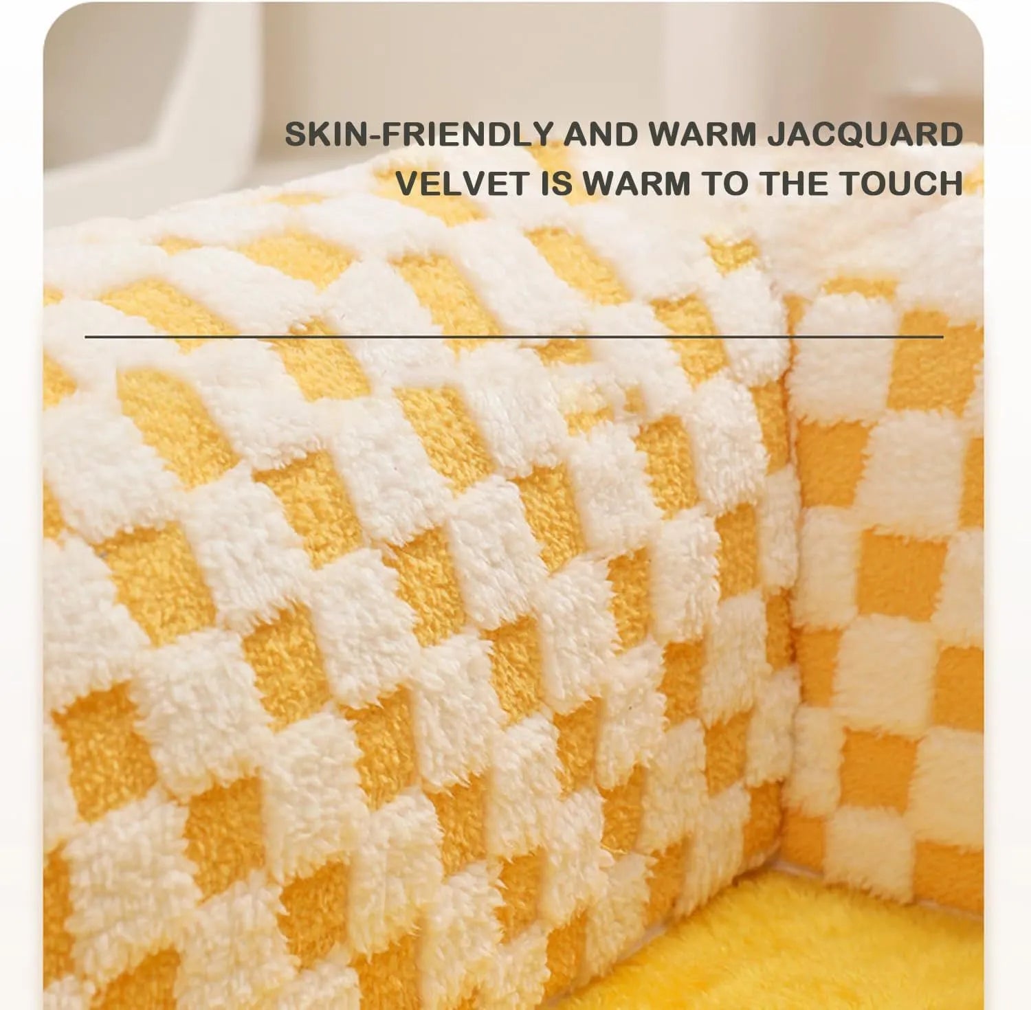 XL fan-shaped plush pet bed with a tunnel, in a plaid coffee colour, on a wooden floor.
