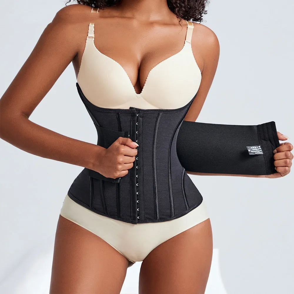 Nylon belly band waist trainer in black and apricot colours, shown laid flat.