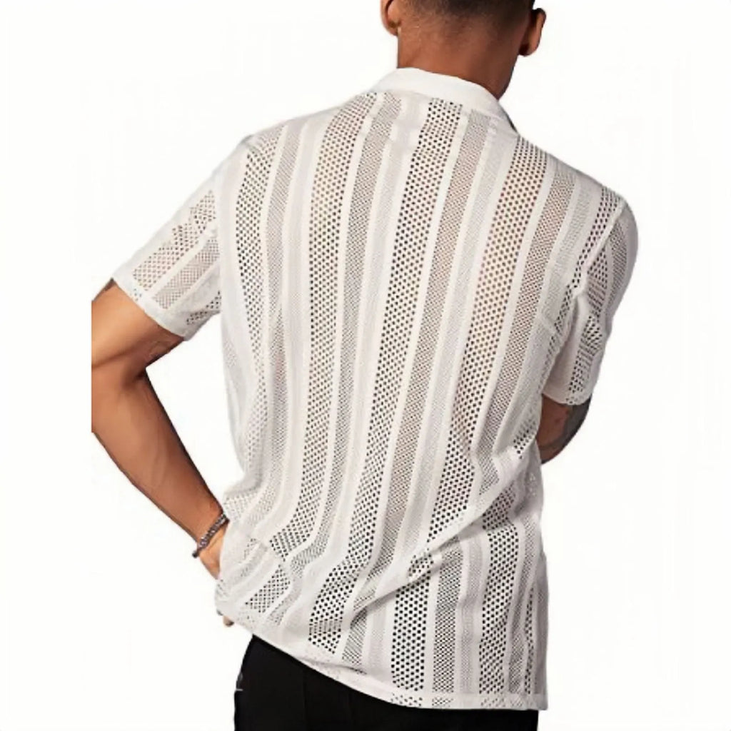 Men's black and white short-sleeved knitted cardigan shirt with button front and jacquard fabric texture