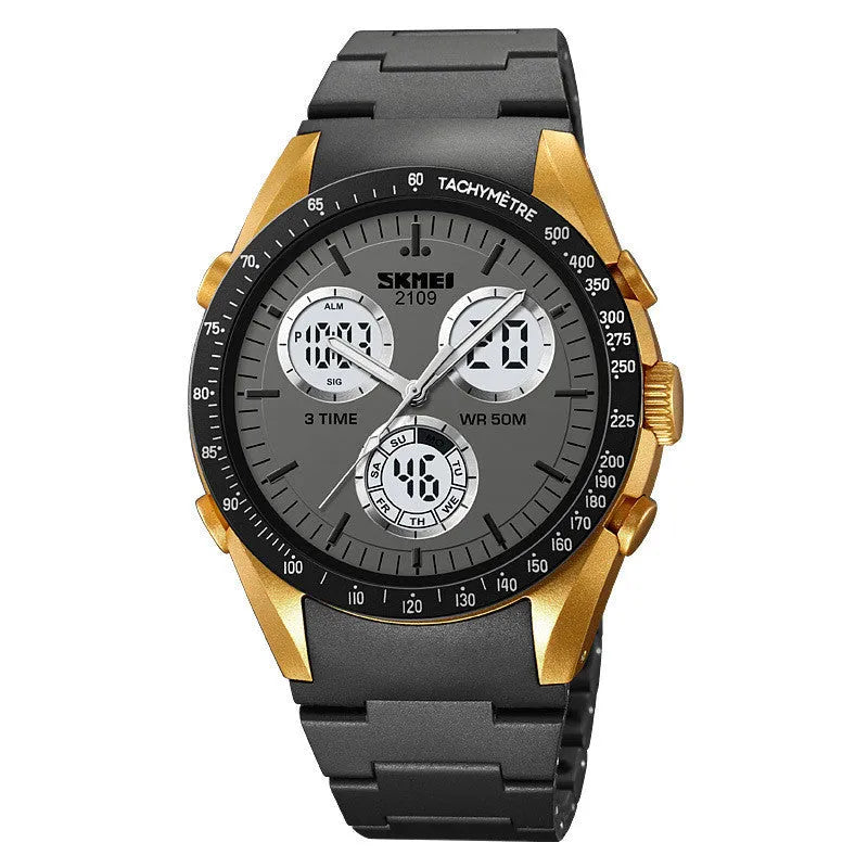 Electronic casual watch with digital display on a camouflage TPU strap, showing time and date.