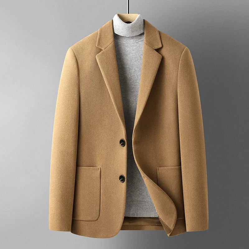Men's solid colour short wool woolen suit jacket in slim fit, available in black, grey, camel, and houndstooth, sized M to 4XL