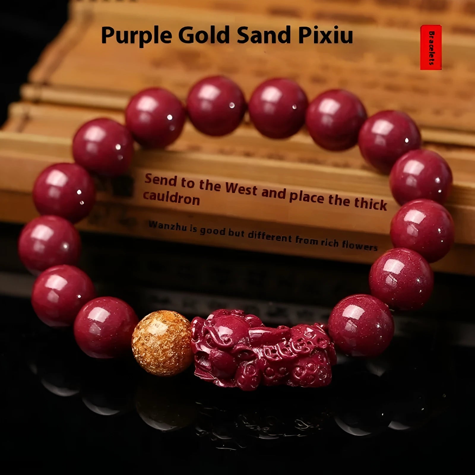 Purple gold sandstone cinnabar bracelet with polished beads and Year of Fate symbolism.