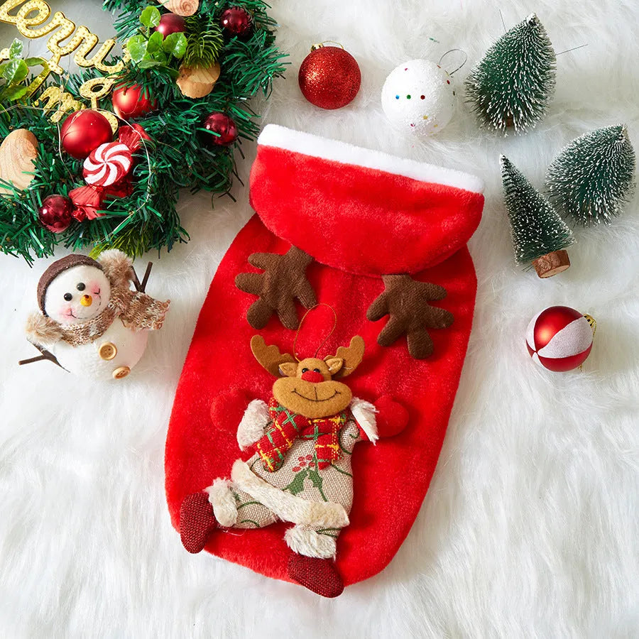 Flannel pet Christmas costume for small cats and dogs, green Santa design, size M, unisex casual style