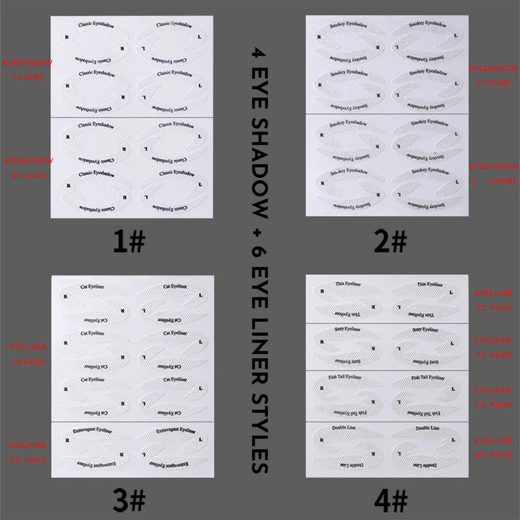Four reusable eyeliner stencils on a pink background, showing winged and curved cut-out shapes for makeup application.