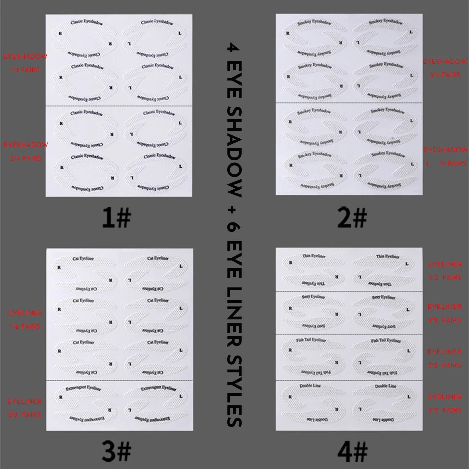 Four reusable eyeliner stencils on a pink background, showing winged and curved cut-out shapes for makeup application.