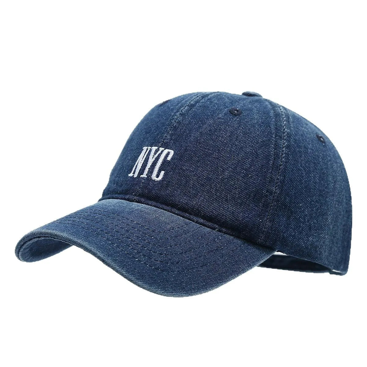 Adjustable denim peaked cap with embroidered lettering in light blue, dark blue, or black