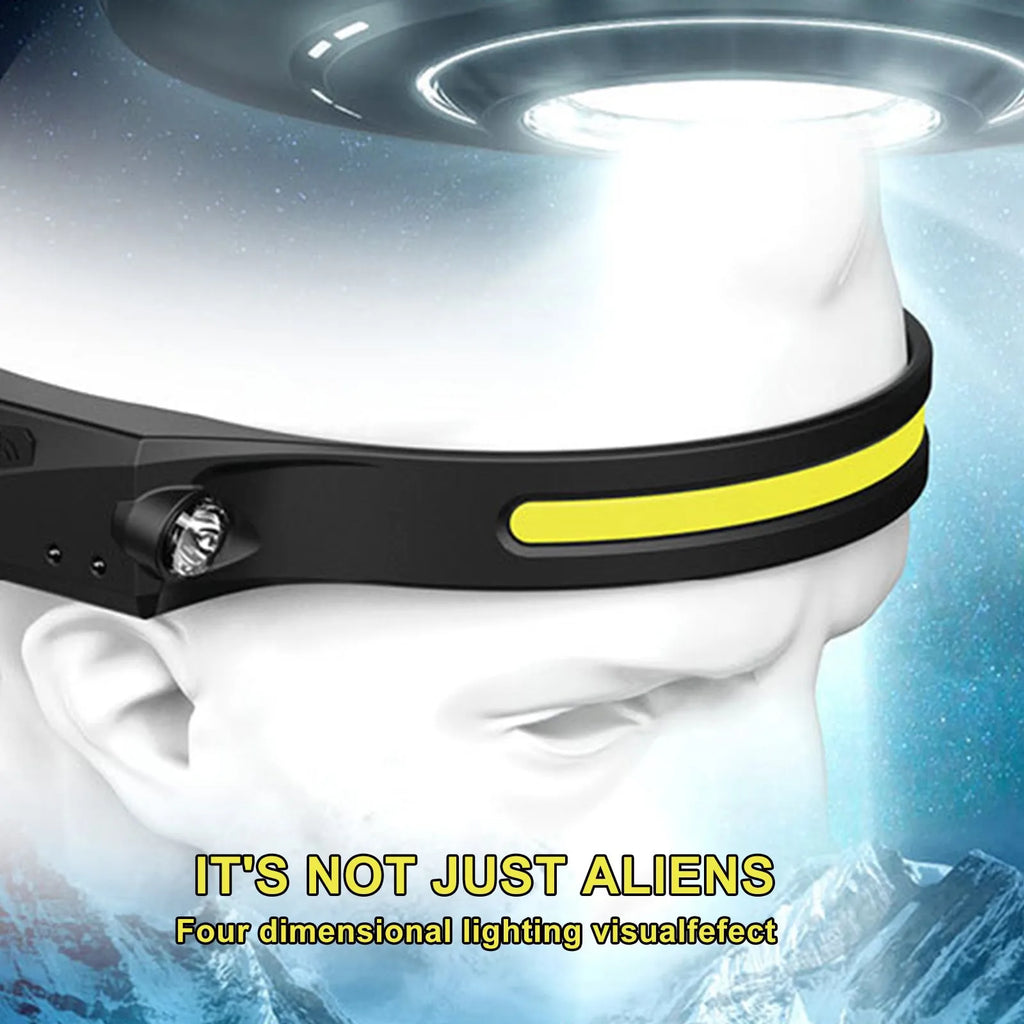 Black silicone USB rechargeable LED headlamp with a wide front light and a side wave sensor for touchless control.