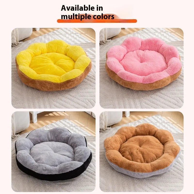 Round grey and black plush cat bed with a high, bolstered rim and a removable inner cushion shown beside it.
