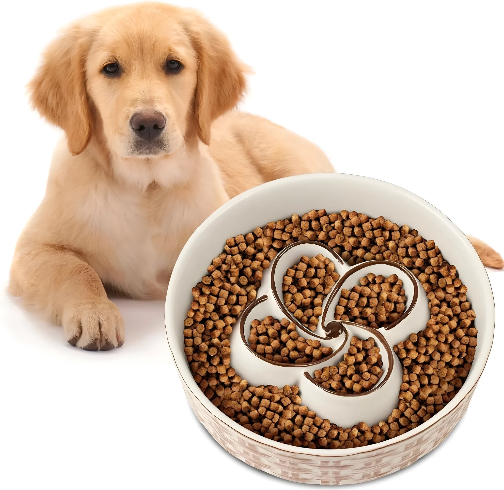 Blue ceramic slow feeder dog bowl with maze pattern and non-slip rubber base for large dogs.