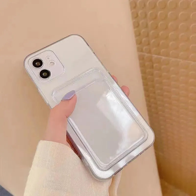 Transparent PVC phone case for iPhone with a built-in slot for credit cards.