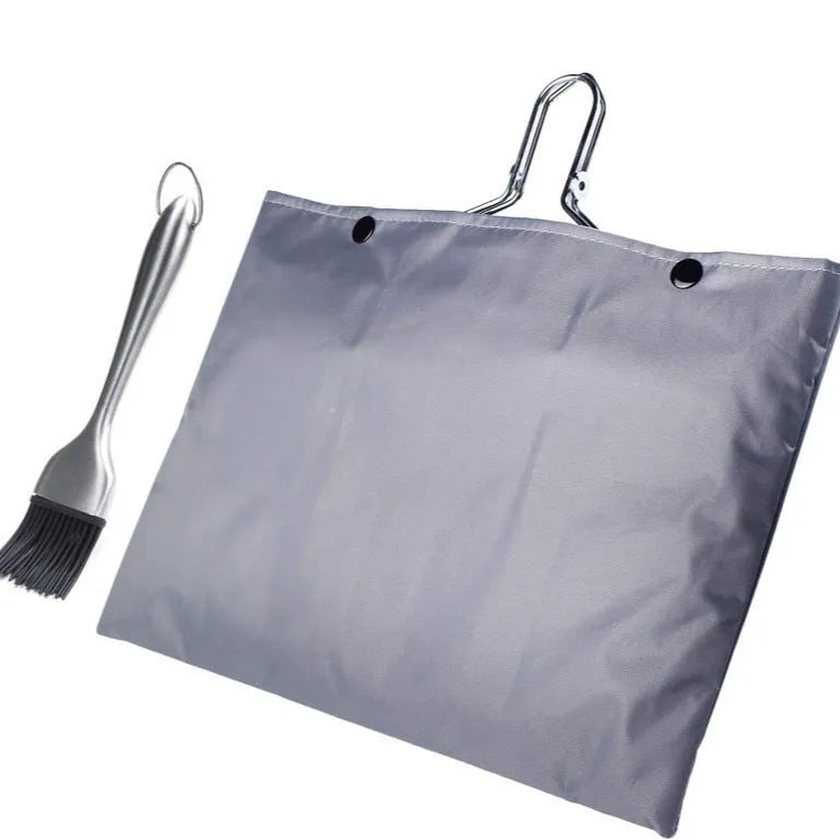 Square stainless steel folding barbecue grill mesh basket with a cleaning brush.